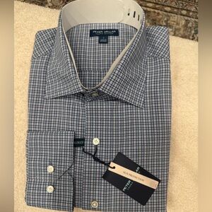 Peter Millar Navy and White Plaid Dress Shirt